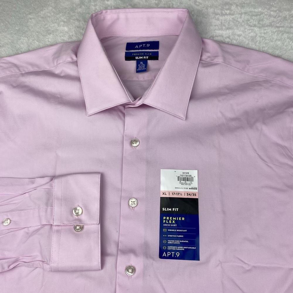 APT. 9 Dress Shirt Mens 17.5-34/35 Pink Slim Fit Premier Flex Wrinkle Free NWT!
